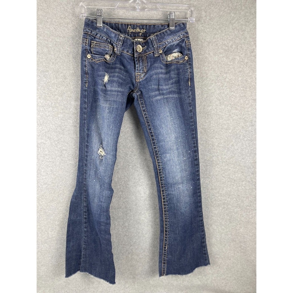 Amethyst Jeans Juniors Size 1 Blue Low Rise Distressed Denim Pants‎